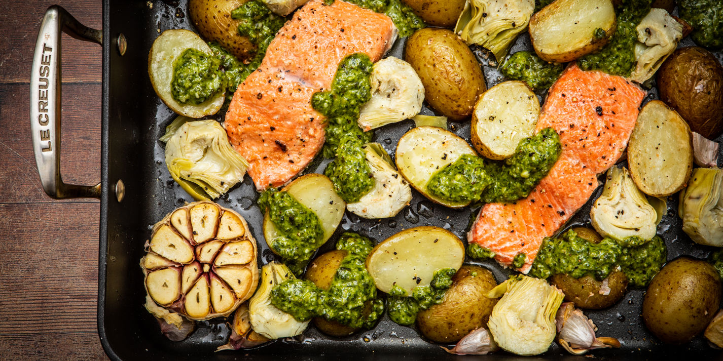 Roasted Salmon and Artichokes With Pumpkin Seed Pesto Great British Chefs