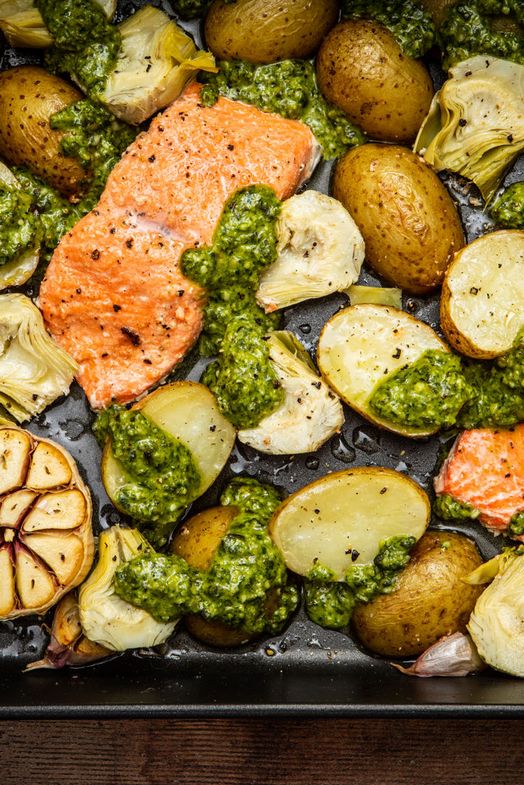Roasted Salmon and Artichokes With Pumpkin Seed Pesto Great British Chefs