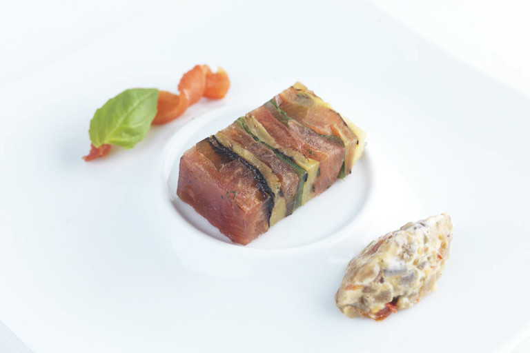 Tomato and basil press with aubergine relish and mascarpone