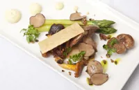 Pastry layers with wild mushrooms, Norfolk asparagus and blue cheese dressing