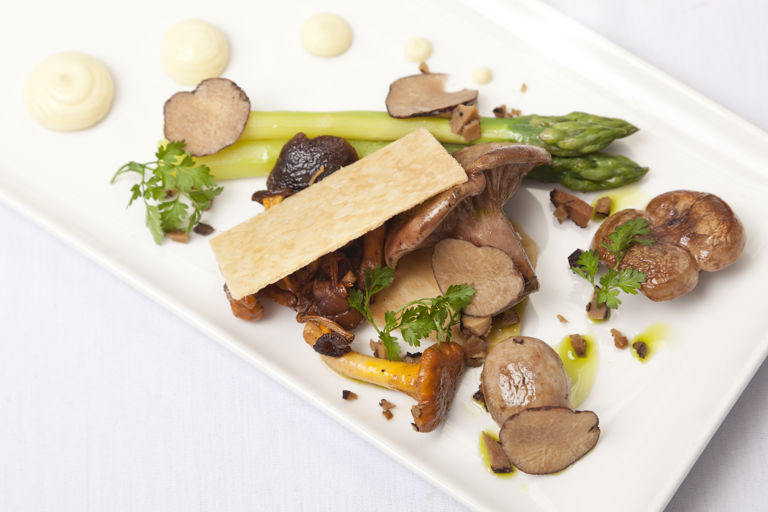 Pastry layers with wild mushrooms, Norfolk asparagus and blue cheese dressing