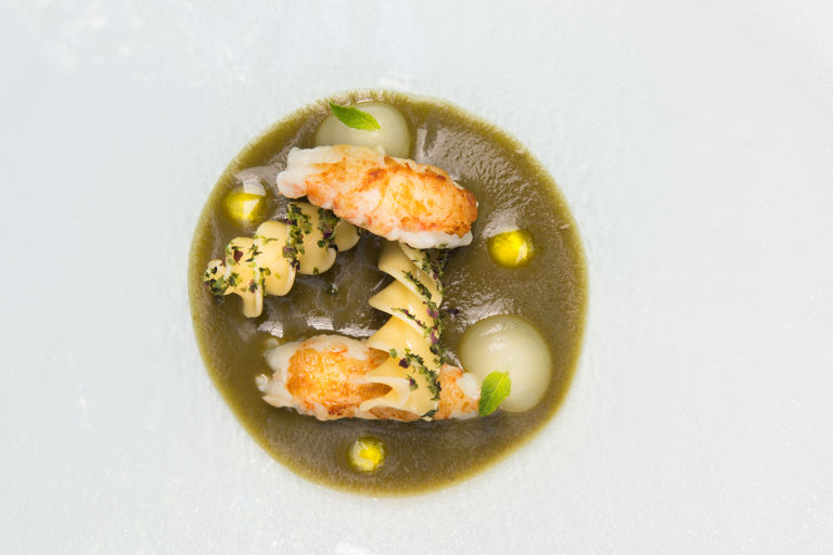 Langoustines with aubergine, seaweed and fusilloni