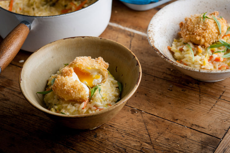 Bubble and squeak risotto with crispy egg