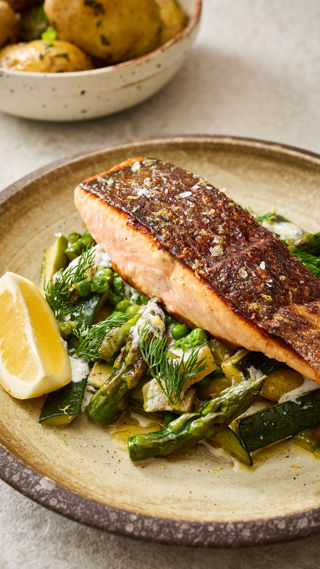 Brined salmon, spring vegetables and a creamy dill sauce recipe reel