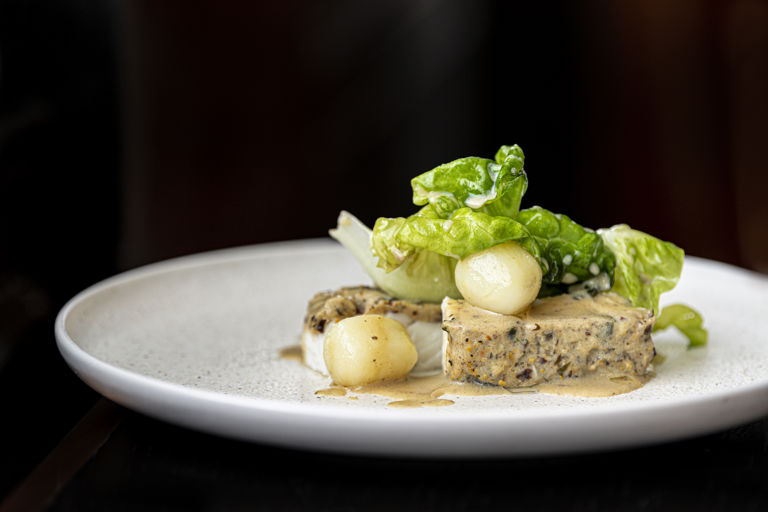 Halibut with mussels, potatoes and lettuce