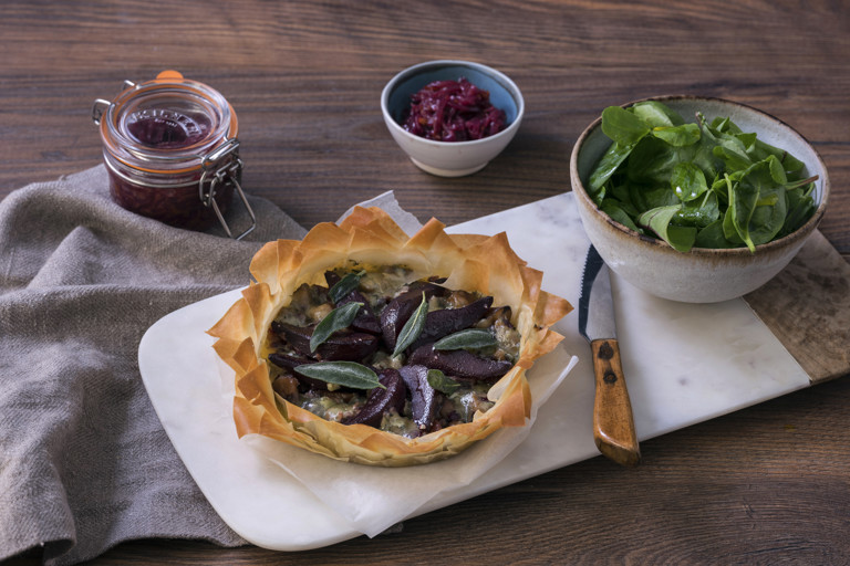 Red wine pickled pear, Stilton and chestnut filo tart