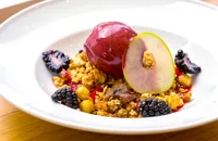 Apple and blackberry compote with hazelnut crumble and blackberry sorbet