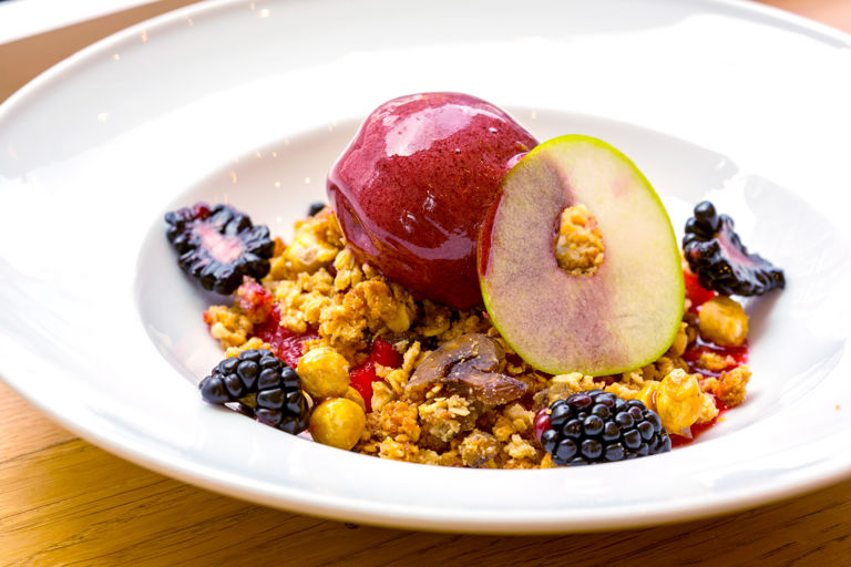 Apple and blackberry compote with hazelnut crumble and blackberry sorbet