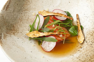 40°C salmon with potato juice, Jerusalem artichoke and sea vegetables