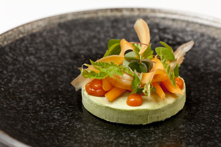 Sweet cicely parfait with sea buckthorn and carrots
