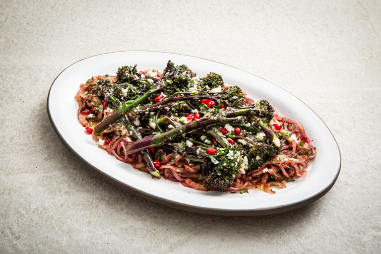 Tenderstem® Purple Broccoli and sumac onion salad with tahini dressing