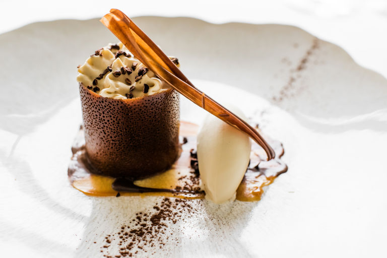 Whisky and chocolate cremeux with whisky ice cream, coffee and caramel