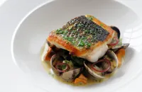 Pan-fried sea bass, butter spinach, clams, poached cod cheeks and fish sauce