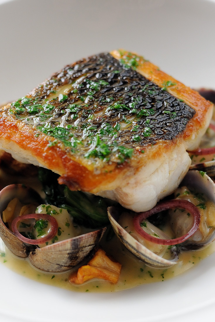 Sea Bass Recipe With Clams & Poached Cod Cheeks Great British Chefs