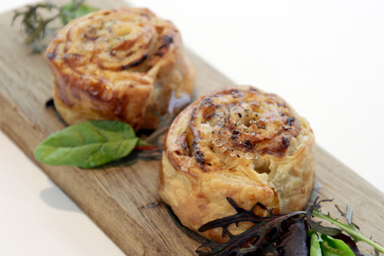 Smoky eel puff pastries with pork belly, Emmental and apple