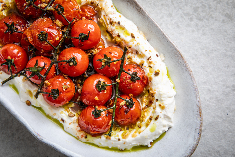 Roasted Piccolo tomatoes with labneh, dukkah and tomato vine oil