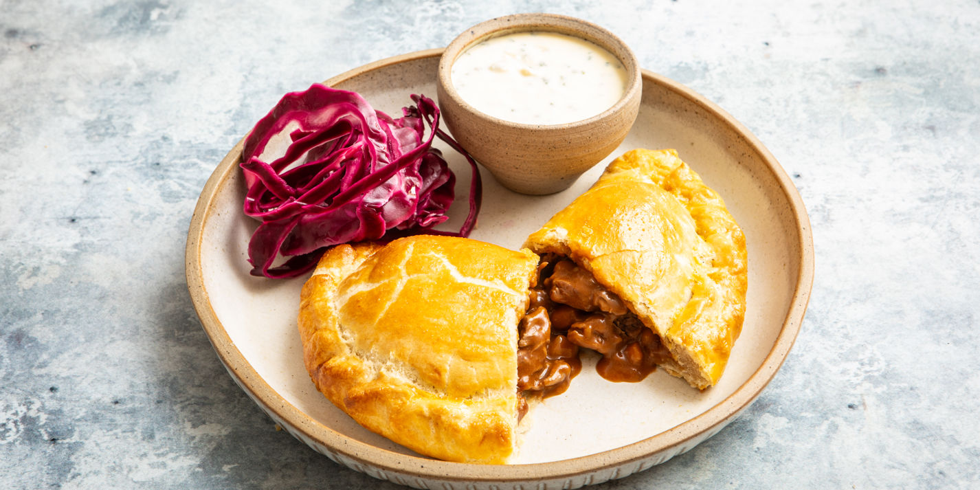 Slow Cooked Beef and Ale Pasty with Horseradish Cream Dip and Pickled Red Cabbage Recipe - Great British Chefs