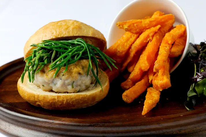 Squid and mackerel burger with sweet potato chips