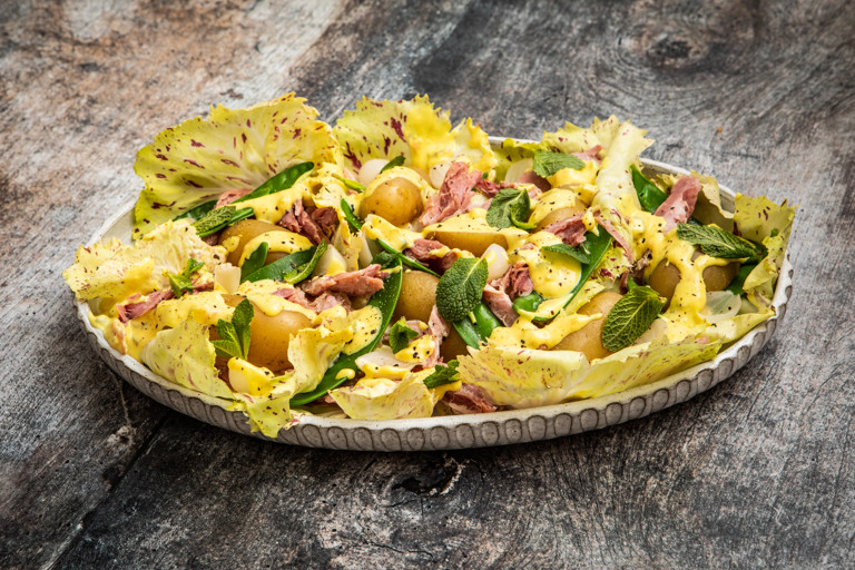 Ham hock and new potato salad with piccalilli dressing