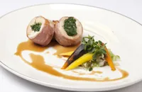 Ballotine of turkey with spinach, braised baby gems, potato rosti and thyme jus