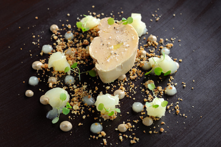 Confited foie gras, bramley apple compote and walnut crunch