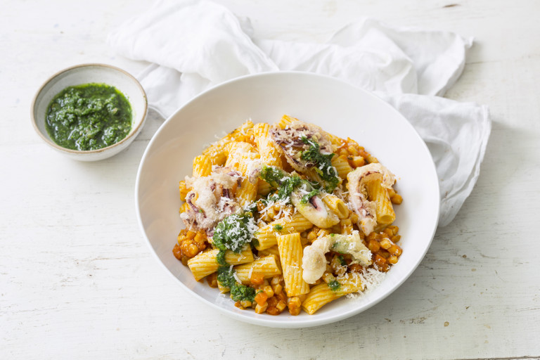 Cuttlefish bologaise with tortiglioni and salsa verde