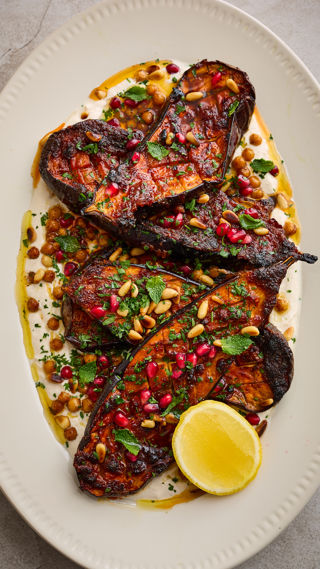 Harissa and honey glazed aubergine with tahini yoghurt and crispy chickpeas recipe reel