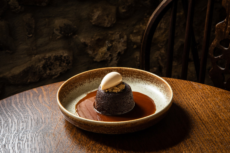 Malt vinegar sticky toffee pudding with clotted cream ice cream