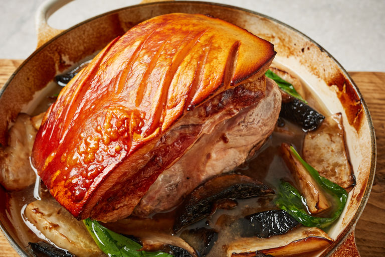 Pot-roast pork with celeriac and mushrooms