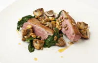 Seared duck breast with sautéed and pickled mushrooms, pumpkin seeds and toasted peanuts