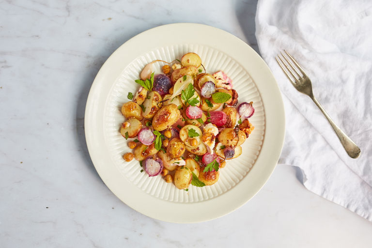 Honey roasted radishes with chickpeas and herbs