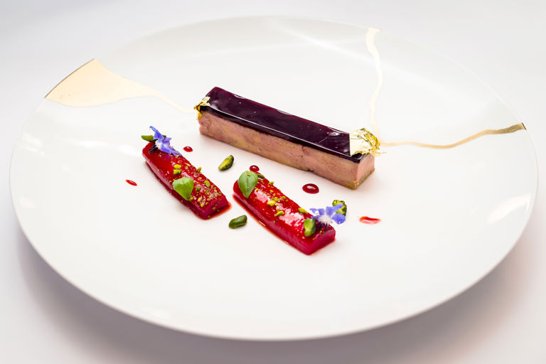 Pressed duck foie gras with rhubarb and pistachios