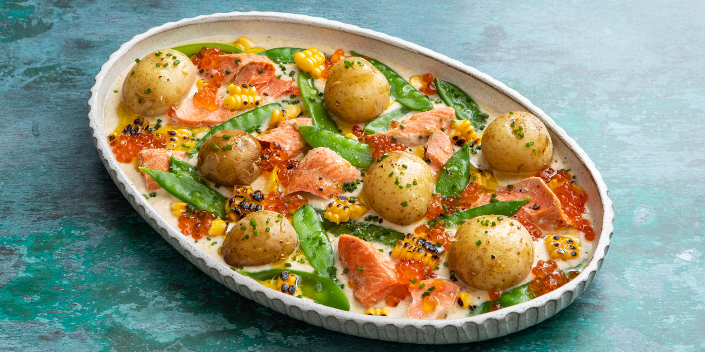 salmon-mangetout-and-baby-potato-salad-with-a-curried-corn-and-salmon