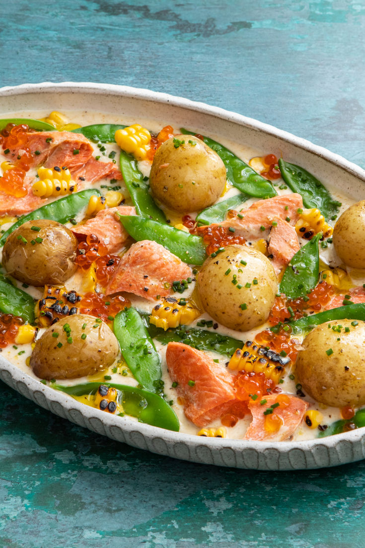 salmon-mangetout-and-baby-potato-salad-with-a-curried-corn-and-salmon