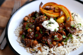 Spicy beef shin hotpot with roast squash wedges 