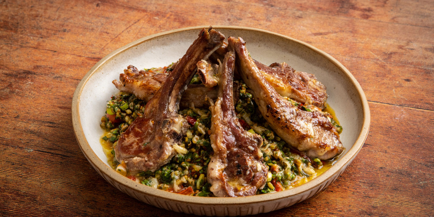 Lamb chops with roasted tomato and freekeh tabbouleh