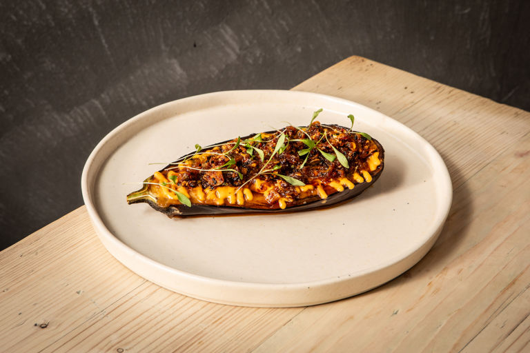 Miso-glazed aubergine with coconut chilli oil