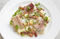 Hot smoked eel with bacon and apple