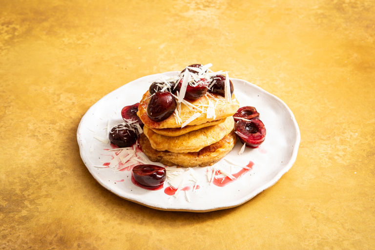 White chocolate and cherry soufflé pancakes