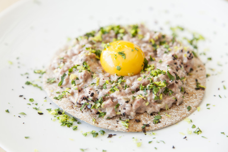 Venison tartare, umeboshi mayo, gherkin, shallot, quail egg yolk