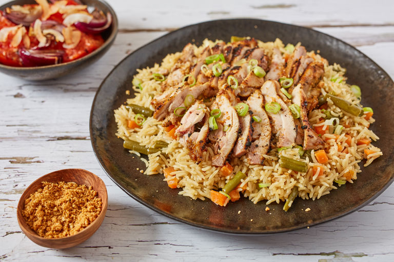 Coconut rice with grilled chicken suya