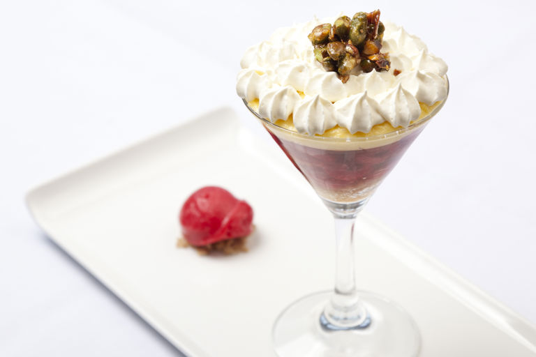English trifle with a sorbet of Norfolk raspberries and sugared nuts