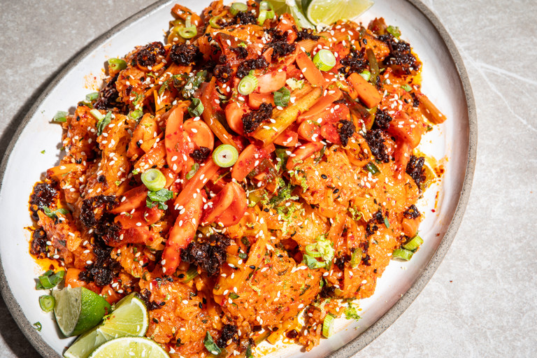 Crispy rice salad with fermented radish kimchi