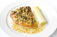 Skate wings with braised leeks and shrimp beurre noisette