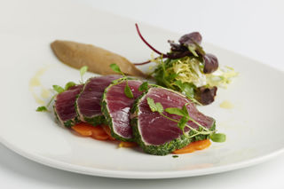 Escabeche of yellowfin tuna with aubergine purée and herbs