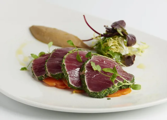 Escabeche of yellowfin tuna with aubergine purée and herbs