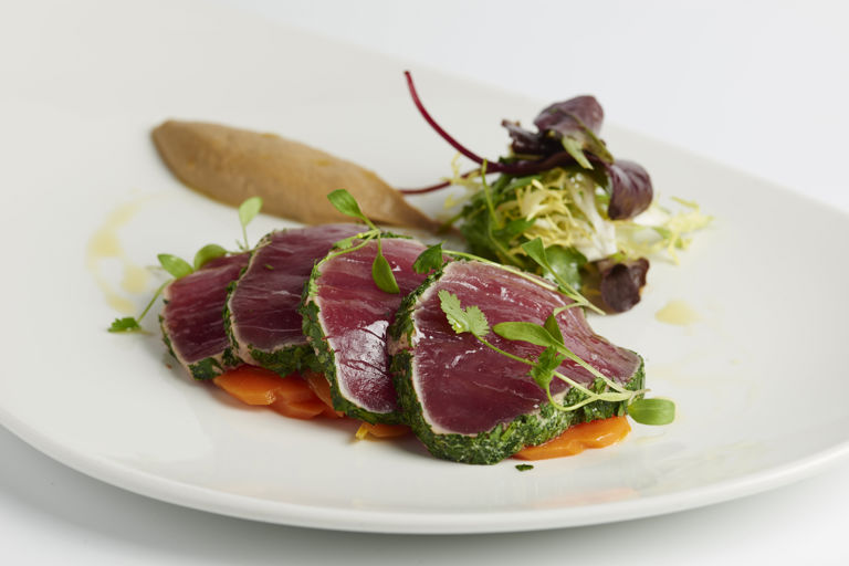 Escabeche of yellowfin tuna with aubergine purée and herbs