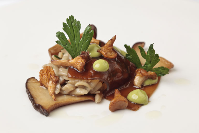 Mushroom orzo with soy sauce jelly, king oyster mushrooms and parsley