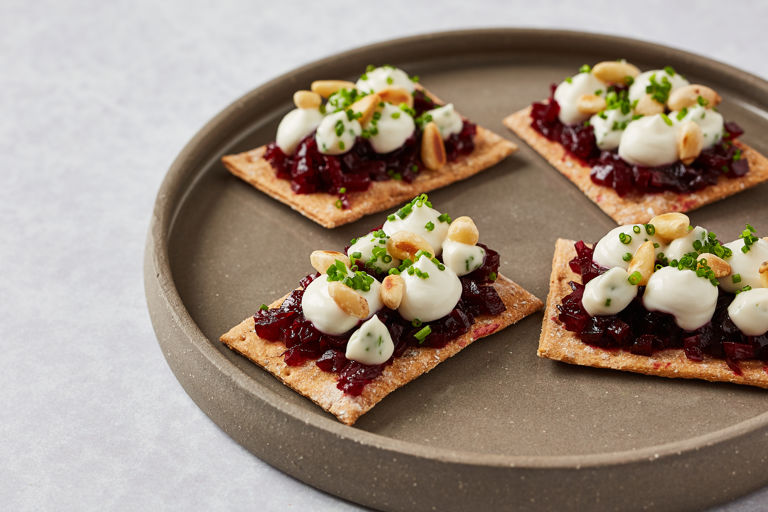 Beetroot, spiced candid pinenuts and smoked goats curd crispbreads
