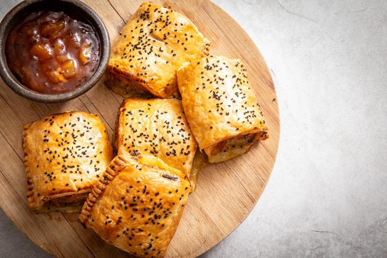 Goan-inspired sausage rolls with mango chutney